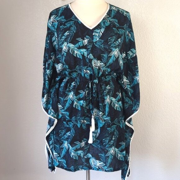 Serra Size 14 Swim Cover Up Navy Tropical Leaf Print Drawstring Waist Kaftan - Picture 1 of 10